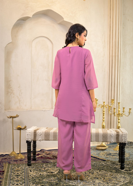 Rose Pink Embellished Kurta Pant Dupatta with Beads and Sequence Work