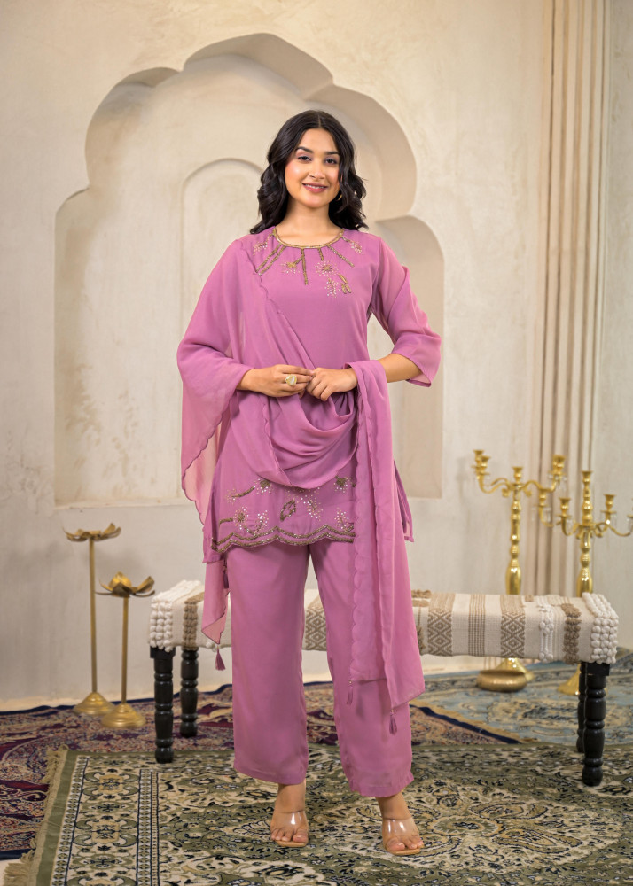 Rose Pink Embellished Kurta Pant Dupatta with Beads and Sequence Work