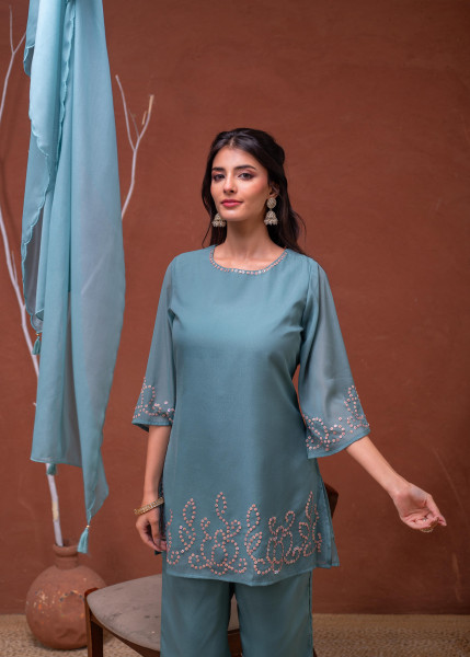 Mintgreen Embellished Kurta Pant Dupatta with Beads and Sequence Work