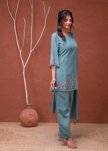 Mintgreen Embellished Kurta Pant Dupatta with Beads and Sequence Work
