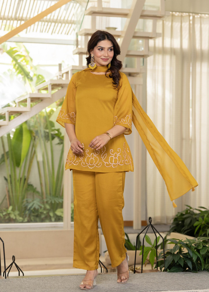 Mustard Embellished Kurta Pant Dupatta with Beads and Sequence Work