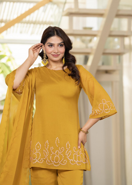 Mustard Embellished Kurta Pant Dupatta with Beads and Sequence Work