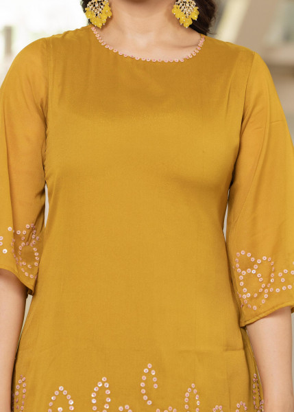 Mustard Embellished Kurta Pant Dupatta with Beads and Sequence Work