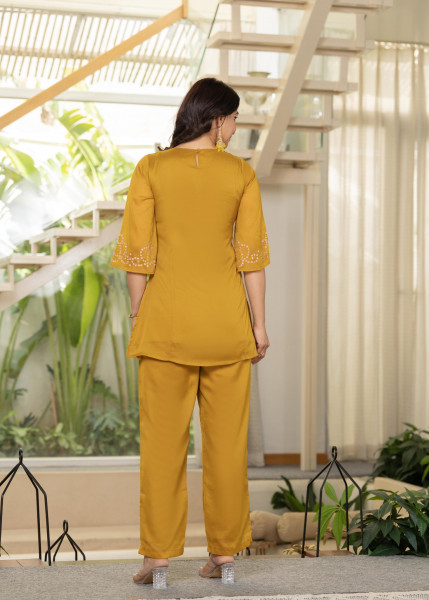 Mustard Embellished Kurta Pant Dupatta with Beads and Sequence Work