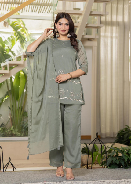 Dark Green Solid Man Made Fiber Kurta Pant Dupatta Set with Beads and Sequence Work