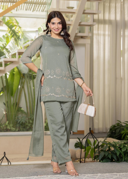 Dark Green Solid Man Made Fiber Kurta Pant Dupatta Set with Beads and Sequence Work