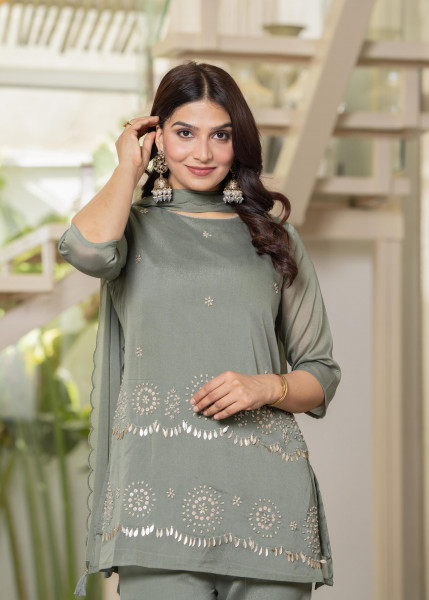 Dark Green Solid Man Made Fiber Kurta Pant Dupatta Set with Beads and Sequence Work