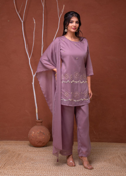 Lavender Solid Man Made Fiber Kurta Pant Dupatta Set with Beads and Sequence Work