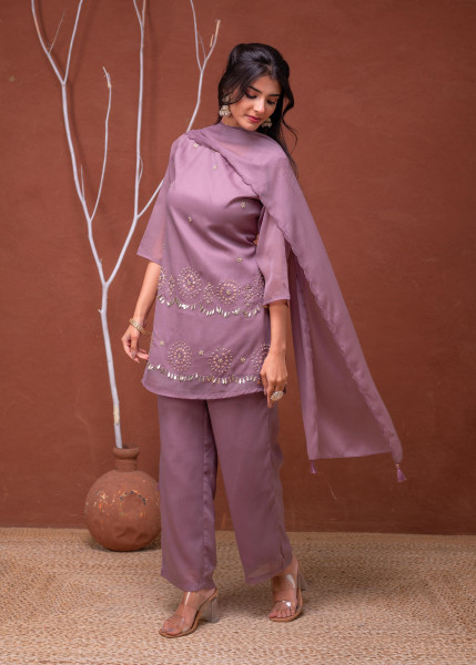 Lavender Solid Man Made Fiber Kurta Pant Dupatta Set with Beads and Sequence Work