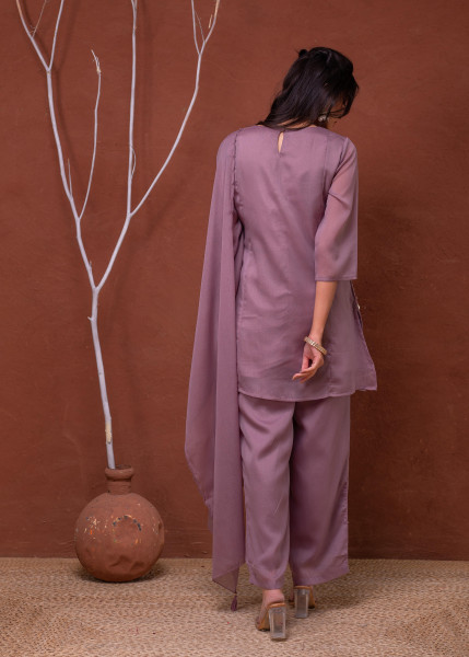 Lavender Solid Man Made Fiber Kurta Pant Dupatta Set with Beads and Sequence Work
