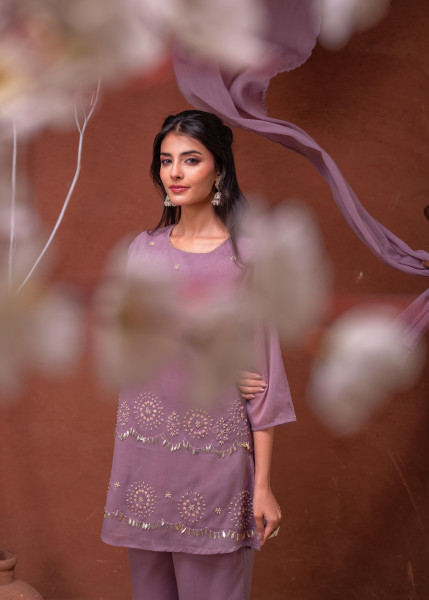 Lavender Solid Man Made Fiber Kurta Pant Dupatta Set with Beads and Sequence Work