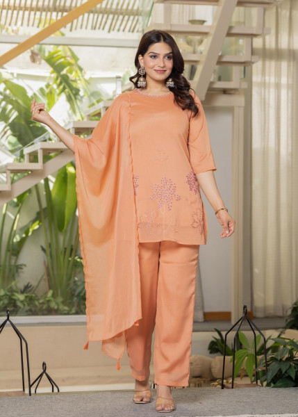 Peach Solid Man Made Fiber Kurta Pant Dupatta Set with Beads and Telesales Work