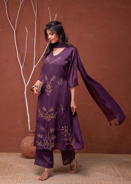 Purple Solid Man Made Fiber Kurta Pant Dupatta Set with Beads and Sequence Work