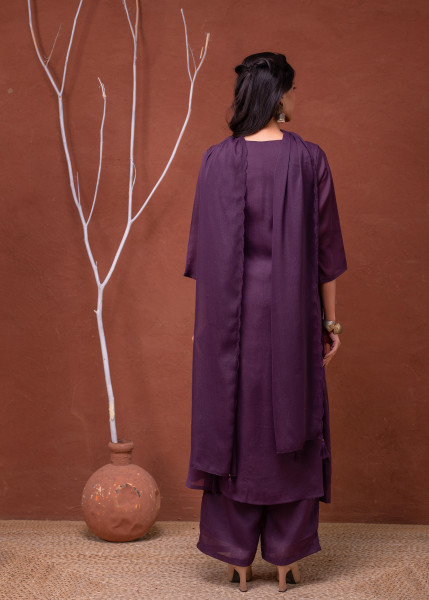 Purple Solid Man Made Fiber Kurta Pant Dupatta Set with Beads and Sequence Work