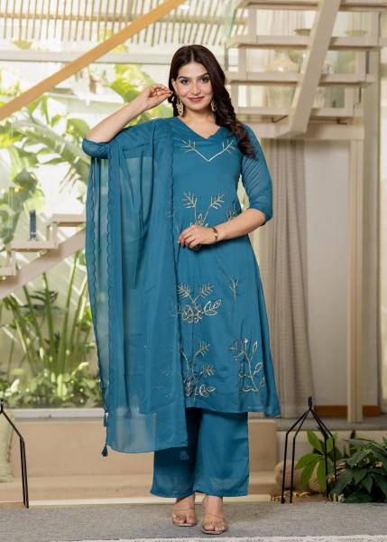 Teal Solid Man Made Fiber Kurta Pant Dupatta Set with Beads and Sequence Work