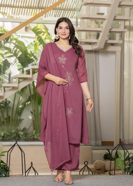 Mauve Solid Man Made Fiber Kurta Pant Dupatta Set with Beads and Sequence Work