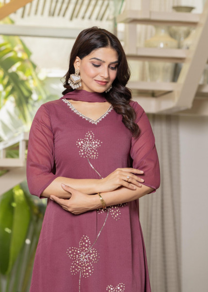 Mauve Solid Man Made Fiber Kurta Pant Dupatta Set with Beads and Sequence Work