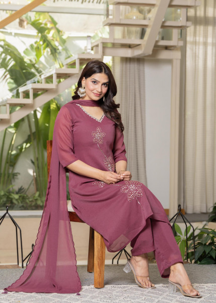Mauve Solid Man Made Fiber Kurta Pant Dupatta Set with Beads and Sequence Work