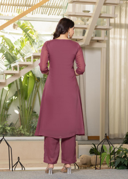 Mauve Solid Man Made Fiber Kurta Pant Dupatta Set with Beads and Sequence Work