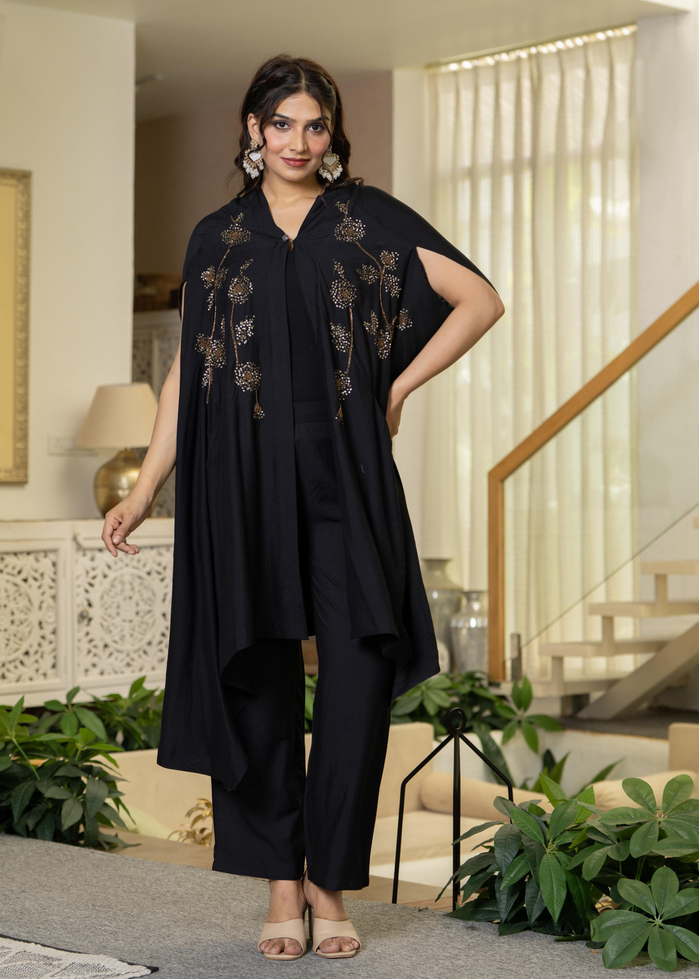 Black Embroidered Cape Co-Ord Set