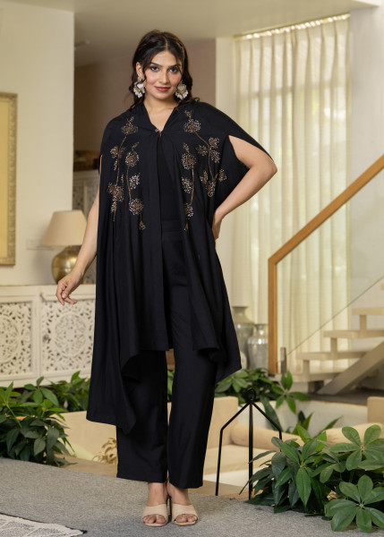 Black Embroidered Cape Co-Ord Set