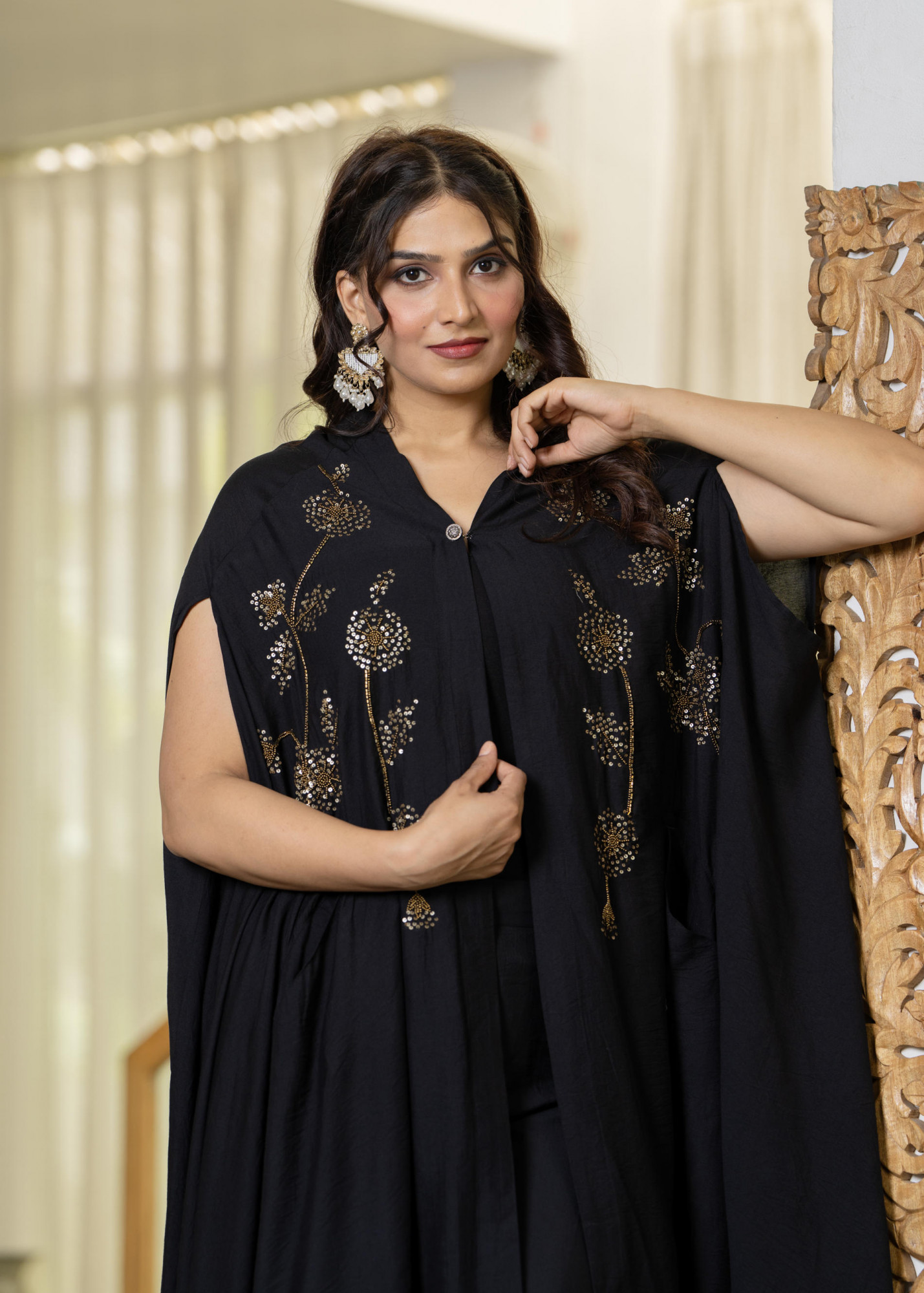 Black Embroidered Cape Co-Ord Set