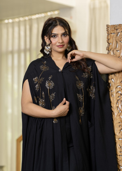 Black Embroidered Cape Co-Ord Set