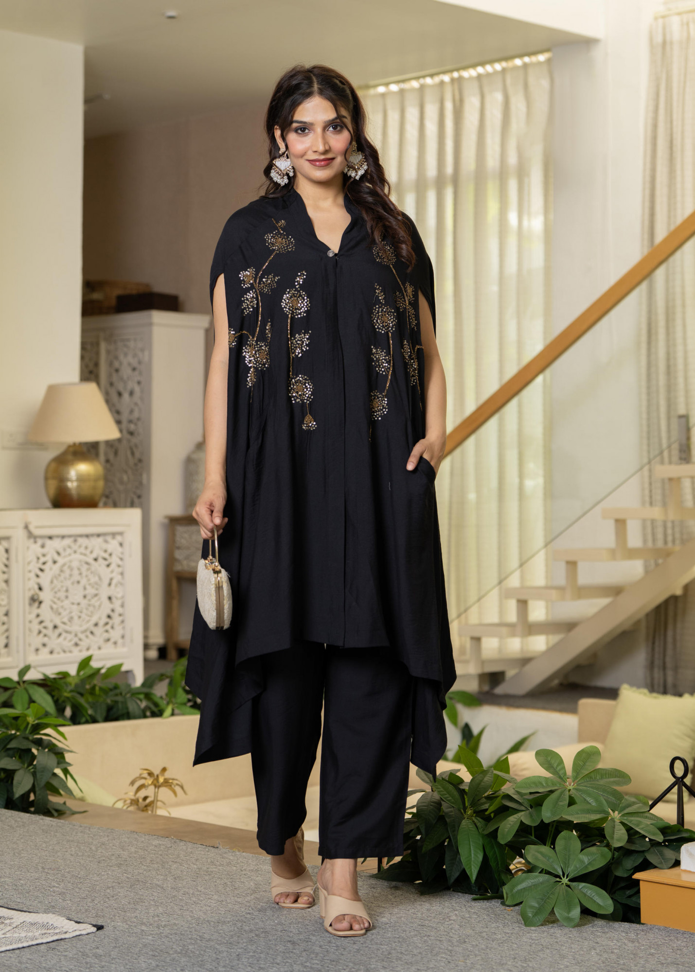 Black Embroidered Cape Co-Ord Set