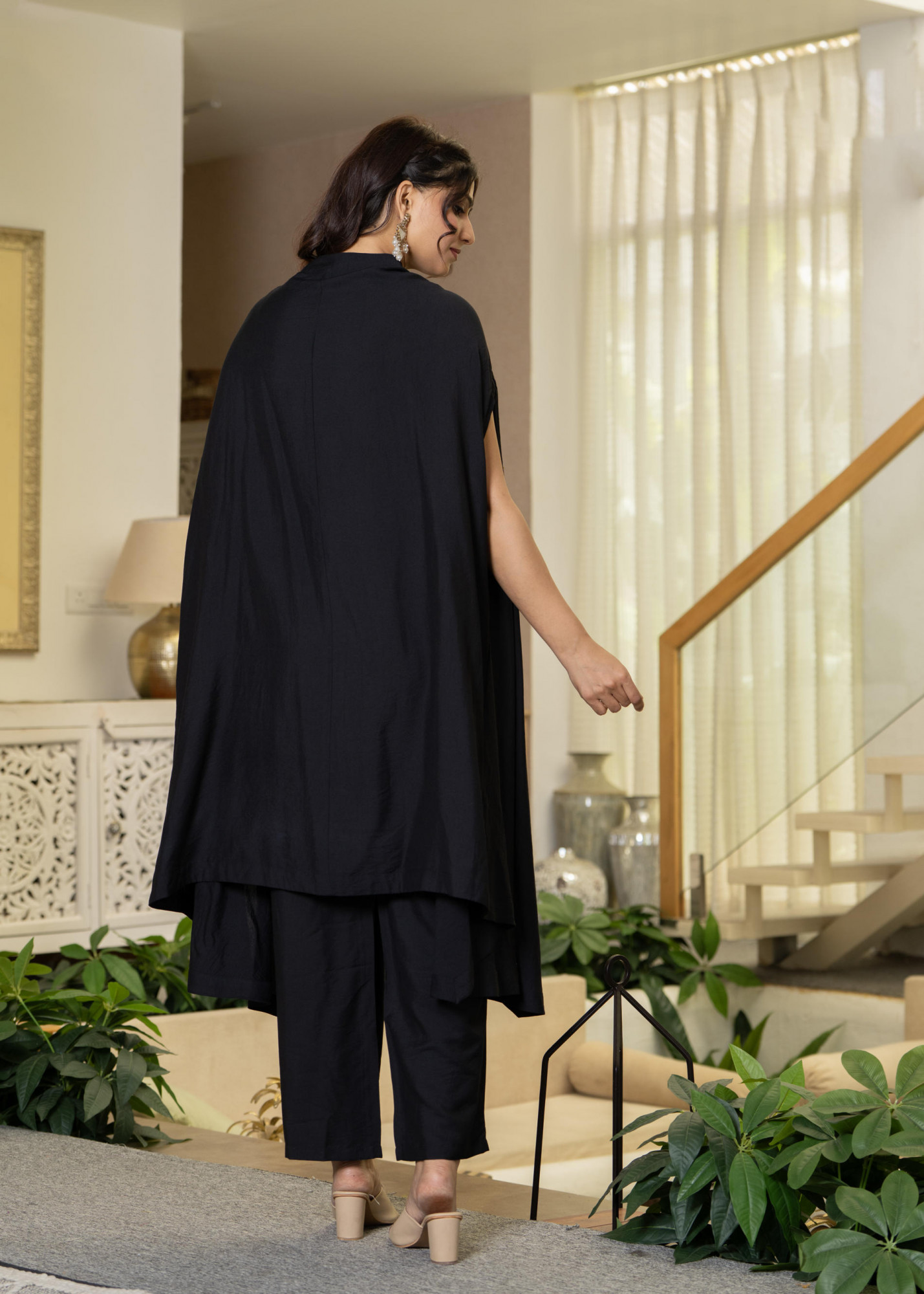 Black Embroidered Cape Co-Ord Set