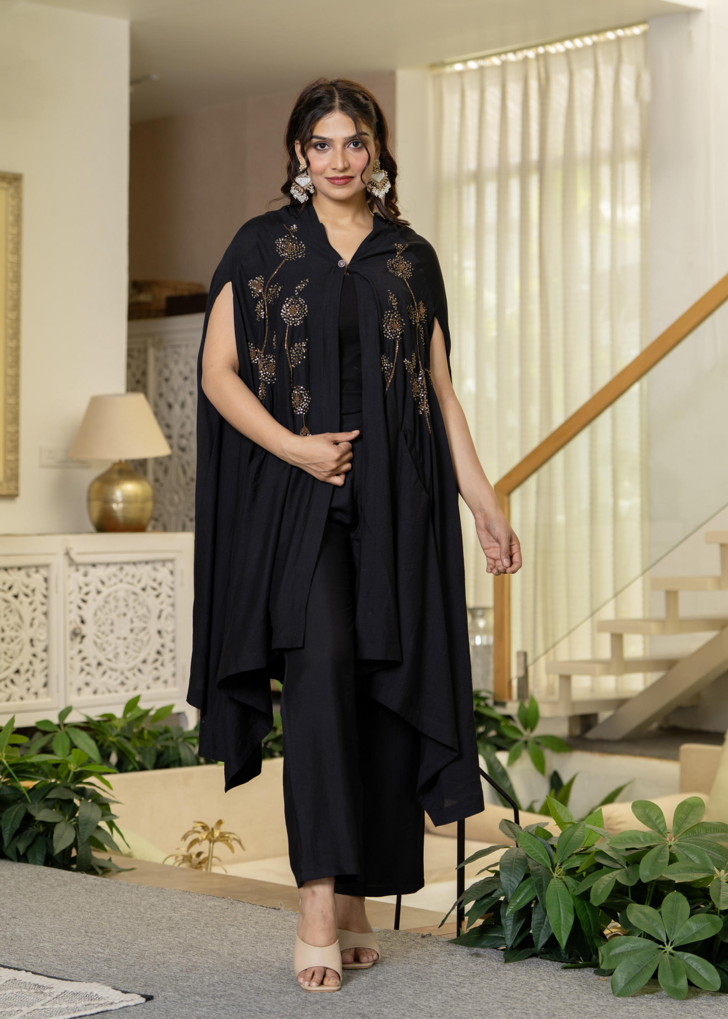 Black Embroidered Cape Co-Ord Set