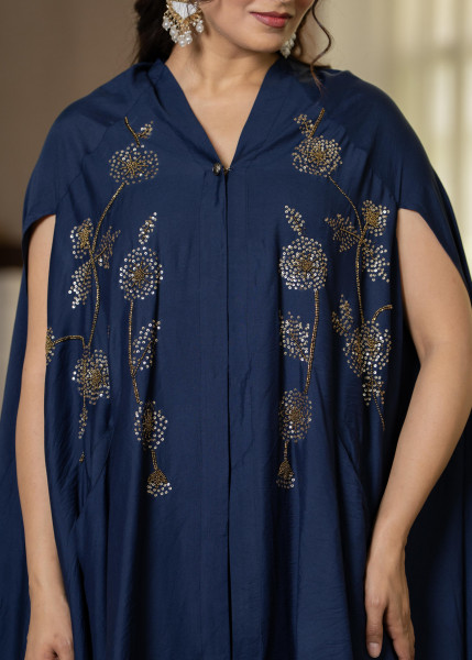 Navy Embellished Kaftan & Pant Co-ord Set with Sequins and Beads