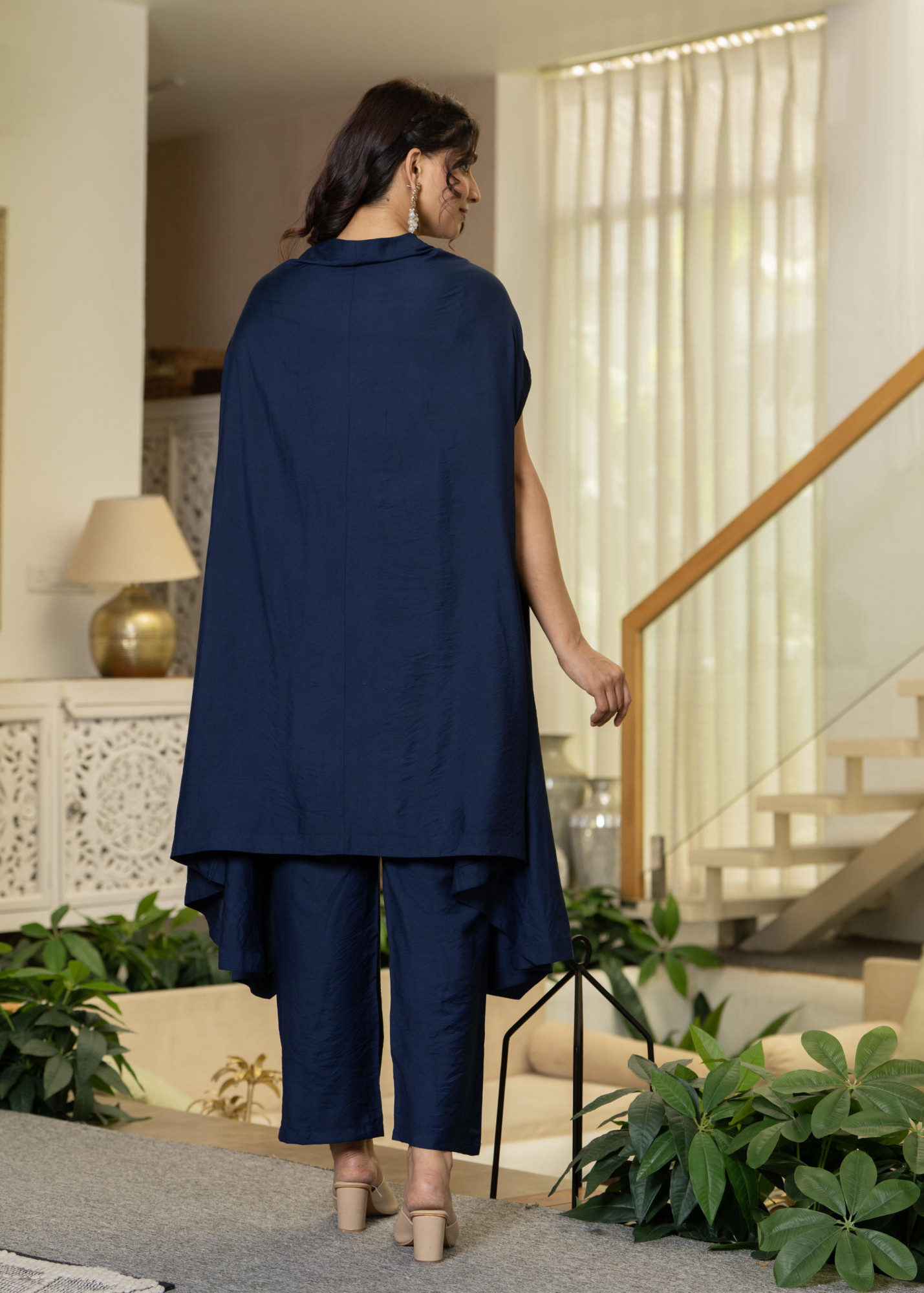 Navy Embellished Kaftan & Pant Co-ord Set with Sequins and Beads