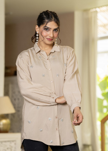 Ivory Solid Viscose Shirt with Beads and Sequence Work