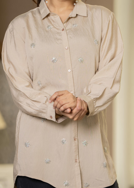 Ivory Solid Viscose Shirt with Beads and Sequence Work