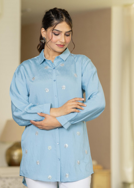 Steel Blue Solid Viscose Shirt with Beads and Sequence Work