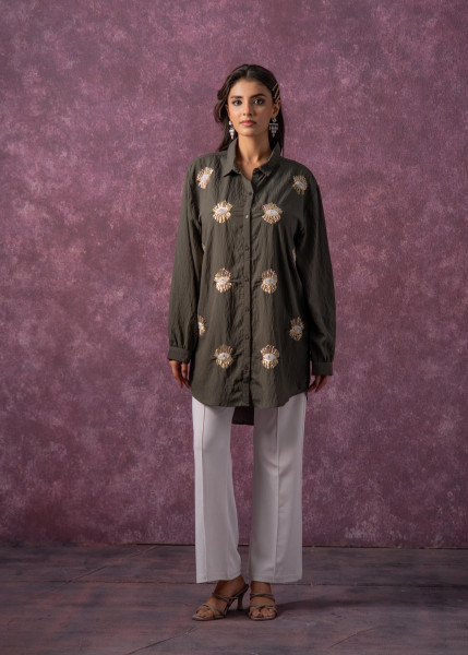Olive Green Embellished Shirt Tunic with Beaded Eye Motifs