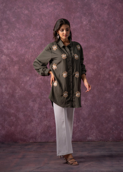 Olive Green Embellished Shirt Tunic with Beaded Eye Motifs