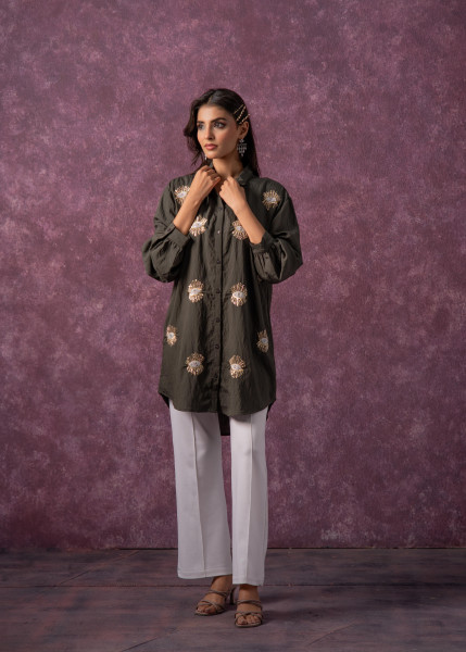 Olive Green Embellished Shirt Tunic with Beaded Eye Motifs
