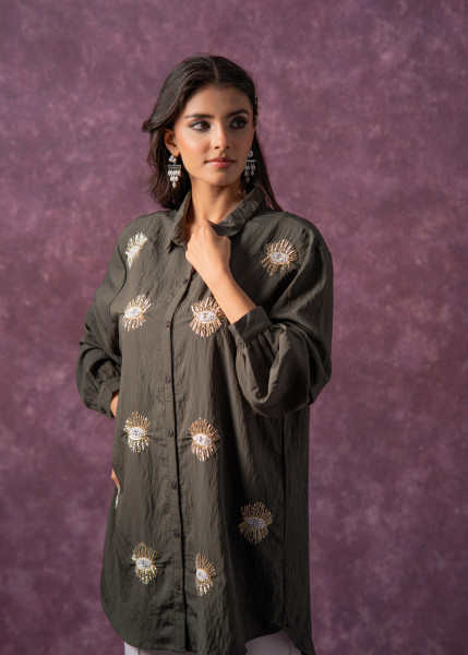 Olive Green Embellished Shirt Tunic with Beaded Eye Motifs