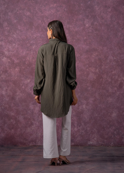 Olive Green Embellished Shirt Tunic with Beaded Eye Motifs