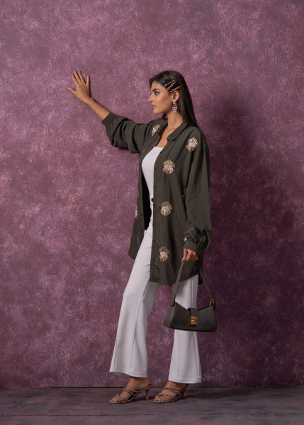 Olive Green Embellished Shirt Tunic with Beaded Eye Motifs