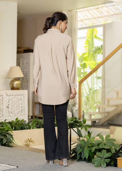 Ivory Solid Viscose Shirt with Beads and Sequence Work