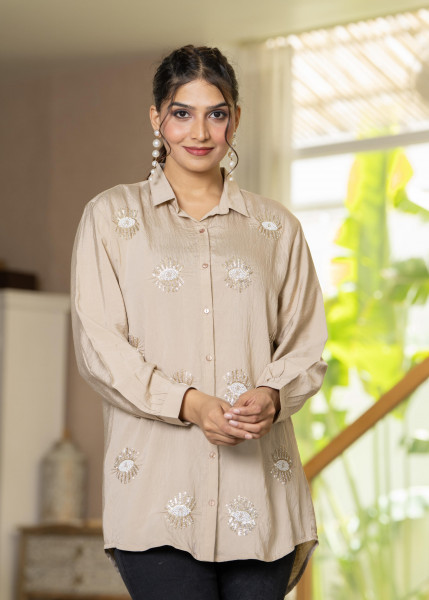 Ivory Solid Viscose Shirt with Beads and Sequence Work