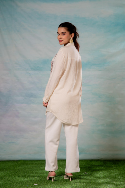 Viscose Offwhite Embellished Shirt with Bead Details