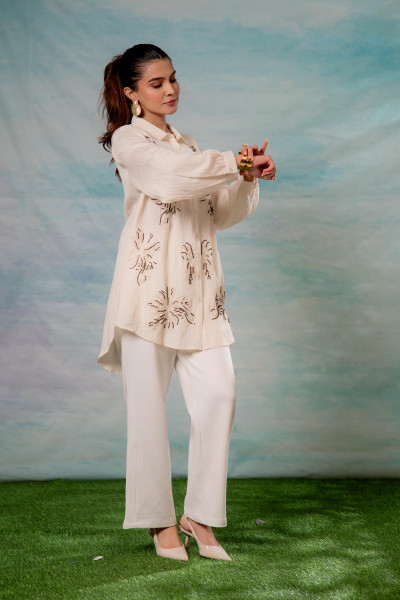 Viscose Offwhite Embellished Shirt with Bead Details