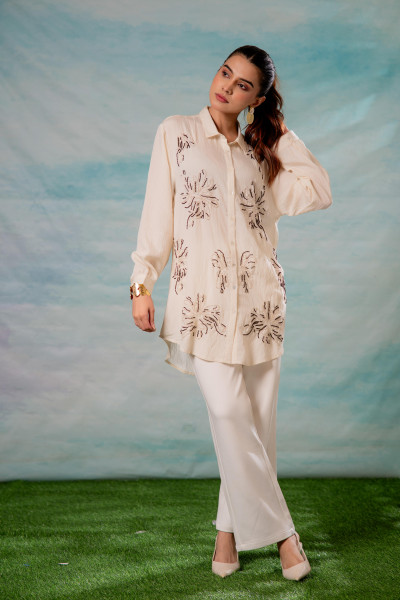 Viscose Offwhite Embellished Shirt with Bead Details