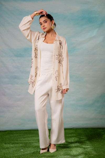 Viscose Offwhite Embellished Shirt with Bead Details