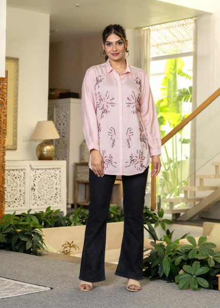 Women Pink Solid Viscose Shirt with Beads Work