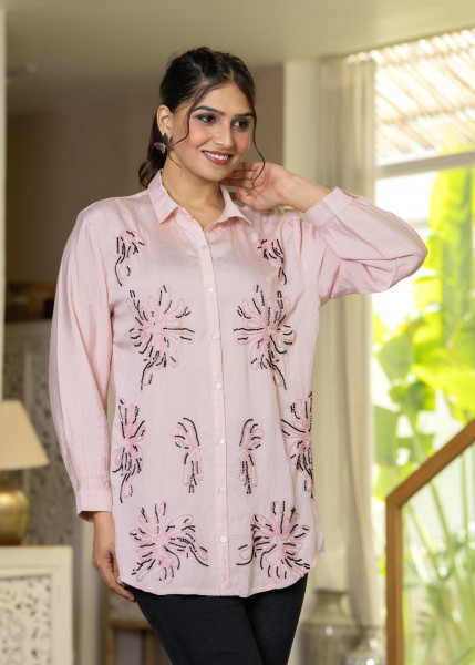 Women Pink Solid Viscose Shirt with Beads Work