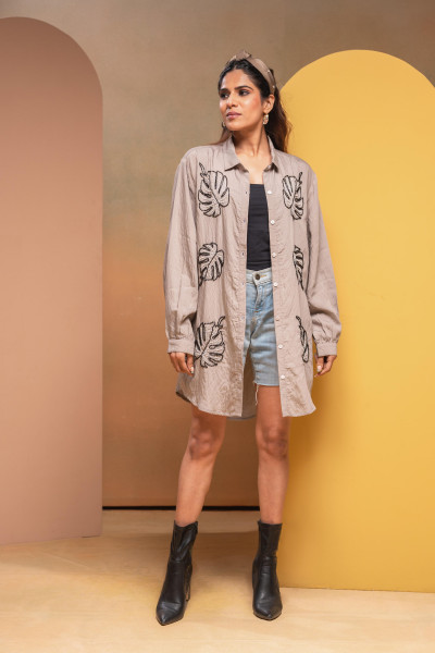 Grey Solid Viscose Shirt with Beads Work